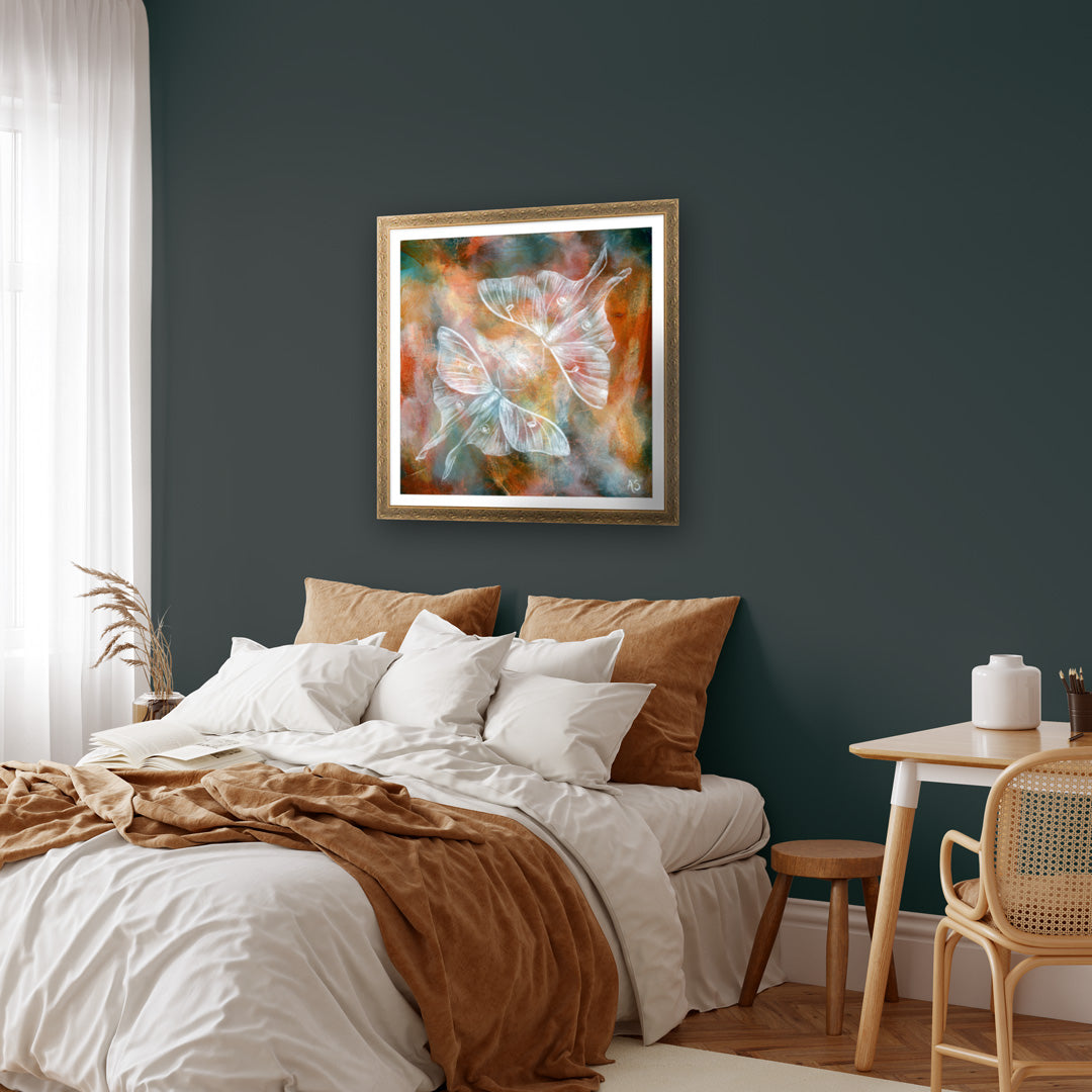 Mirror III Ethereal Luna Moth Fine Art Print Framed on bedroom wall by Aimee Schreiber
