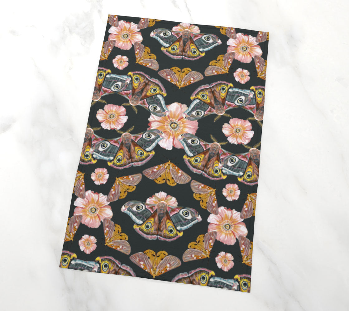 moonrise garden moth pink flower tea towel 