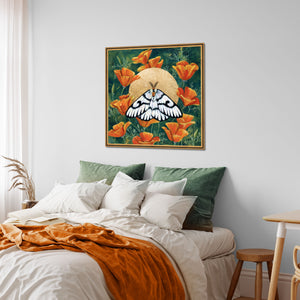 poppies moth art print on bedroom wall