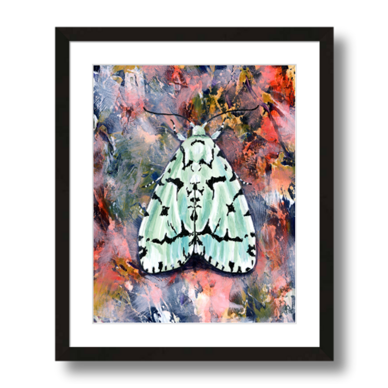 moth art print green marvel moth on pink framed 11x14