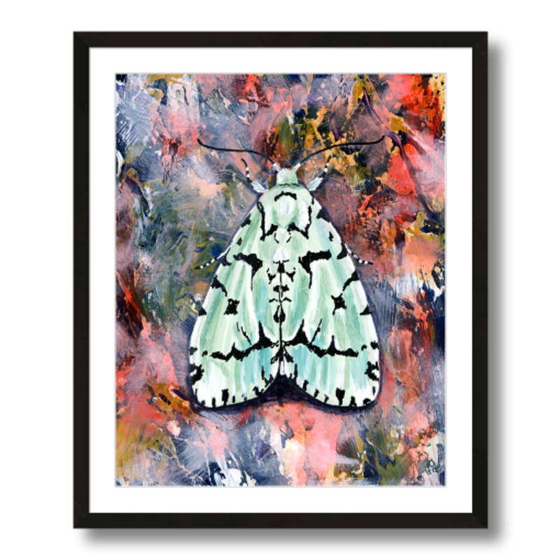 moth art print green marvel moth on pink framed 16x20