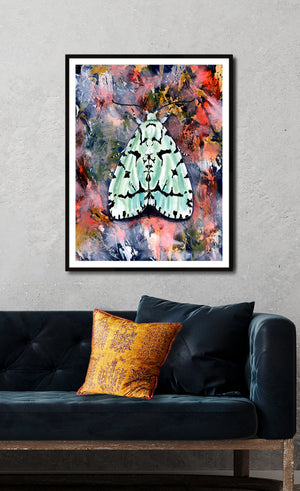 moth art print green marvel moth on pink framed 18x24 over sofa