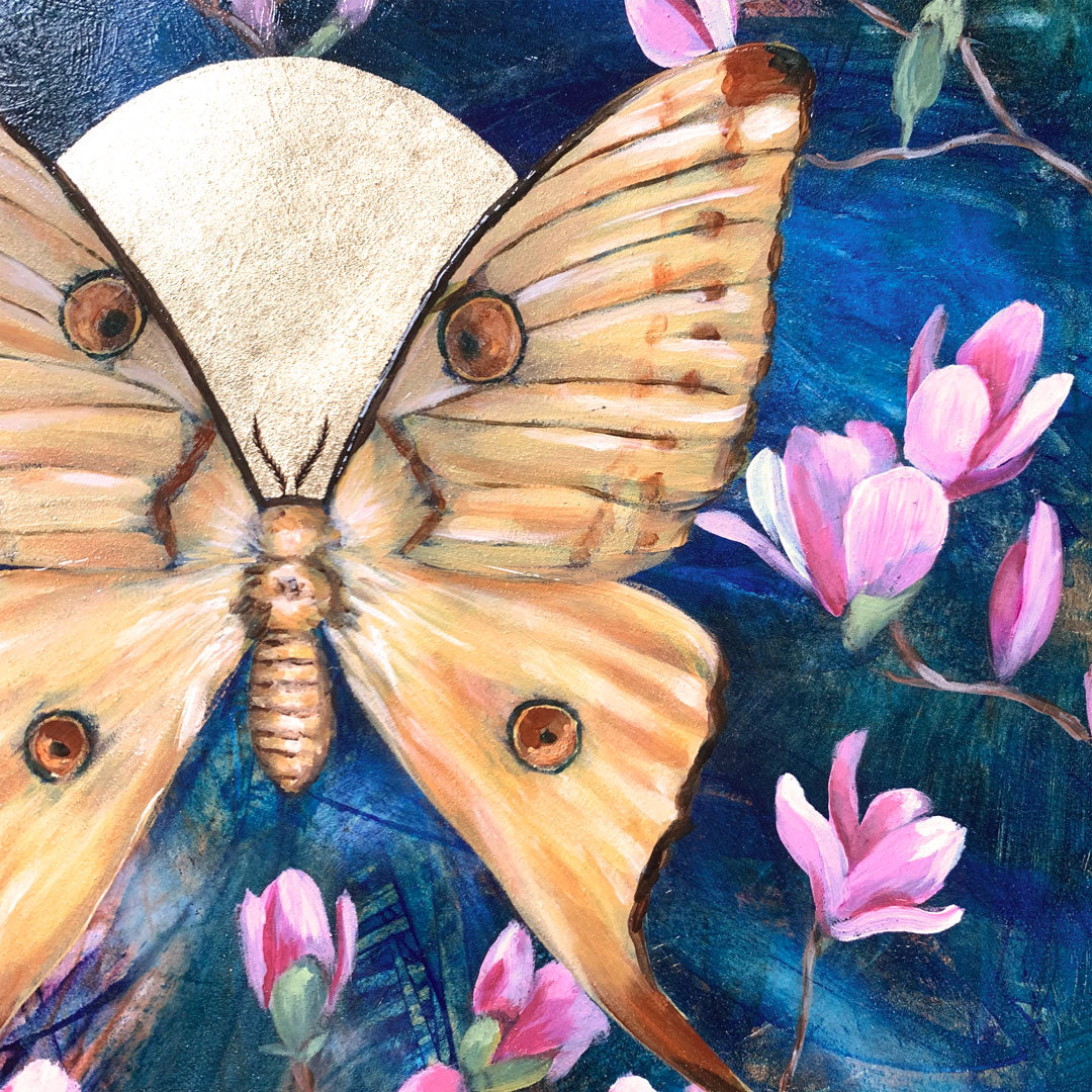 moth painting comet moth magnolia gold leaf detail