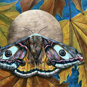 moth painting emperor moth with maple leaves copper leaf halo detail