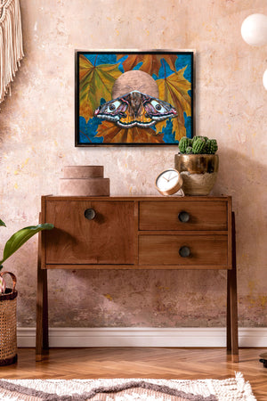 moth painting emperor moth with maple leaves in copper frame on wall over side table - boho wall art