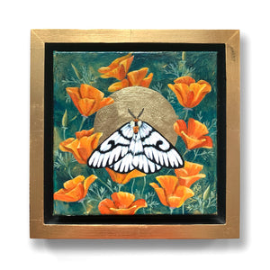 white moth painting orange poppies gold leaf halo in gold leaf frame