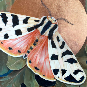 moth painting tiger moth copper leaf halo detail