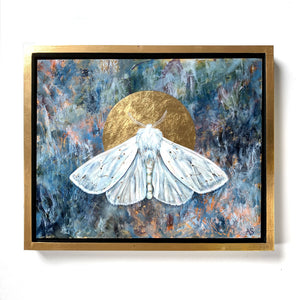 white moth painting gold leaf float frame