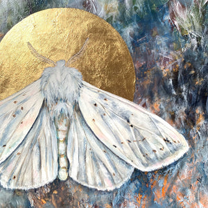 white moth painting gold leaf detail