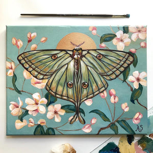 luna moth painting with blossoms and halo