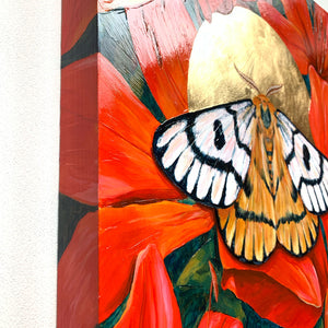 nuttall's sheep moth painting with red lilies edge and texture detail