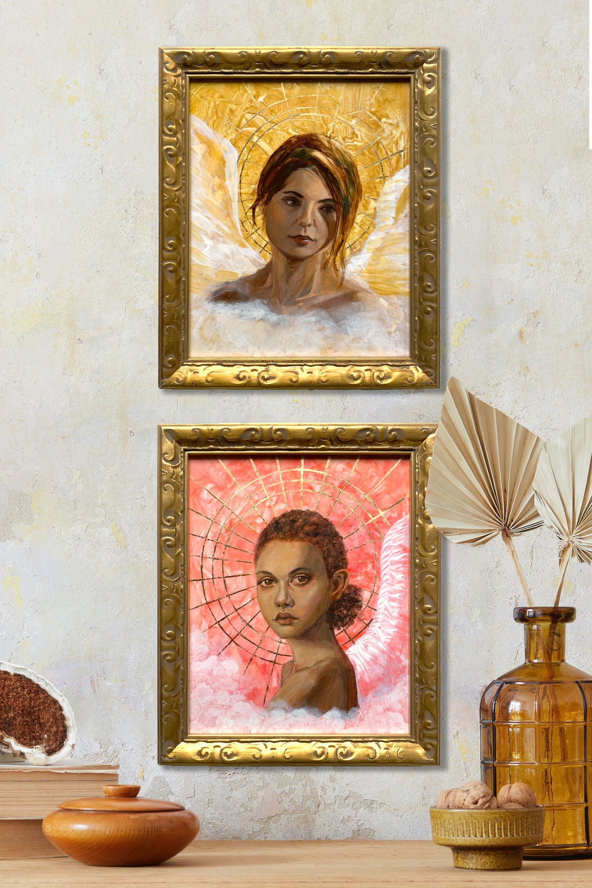 angel artwork paintings of angels in gold frames on wall 