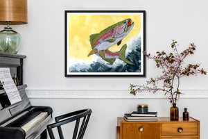 rainbow trout art print framed on wall