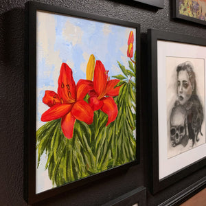 red lily painting by Danny Schreiber gallery wall