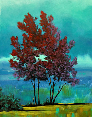red tree teal clouds landscape art print