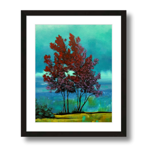 red tree teal clouds landscape art print framed 11x14