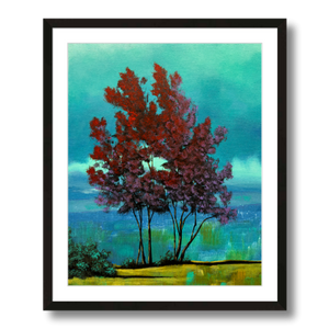 red tree teal clouds landscape art print framed 16x20