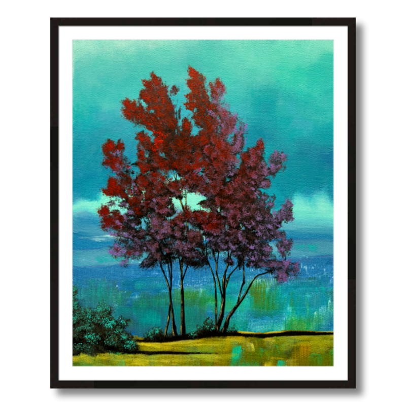 red tree teal clouds landscape art print framed 24x30