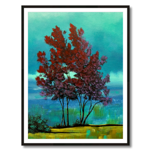 red tree teal clouds landscape art print framed 30x40