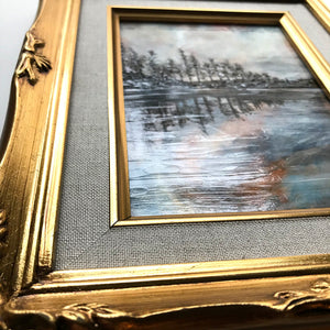 Reflection I Lake Landscape painting in gold frame texture detail by Aimee Schreiber