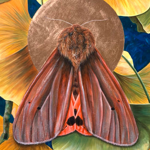 detail of moth painting of ruby tiger moth and copper leaf halo ginkgo leaves