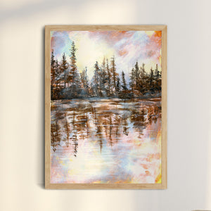 sepia sunrise lake reflection landscape art print in wood frame