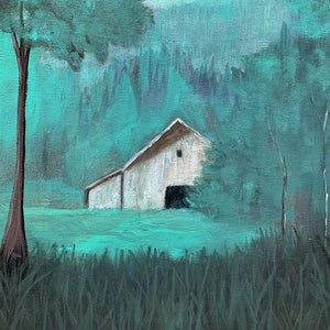 green forest landscape painting cabin detail by Danny Schreiber
