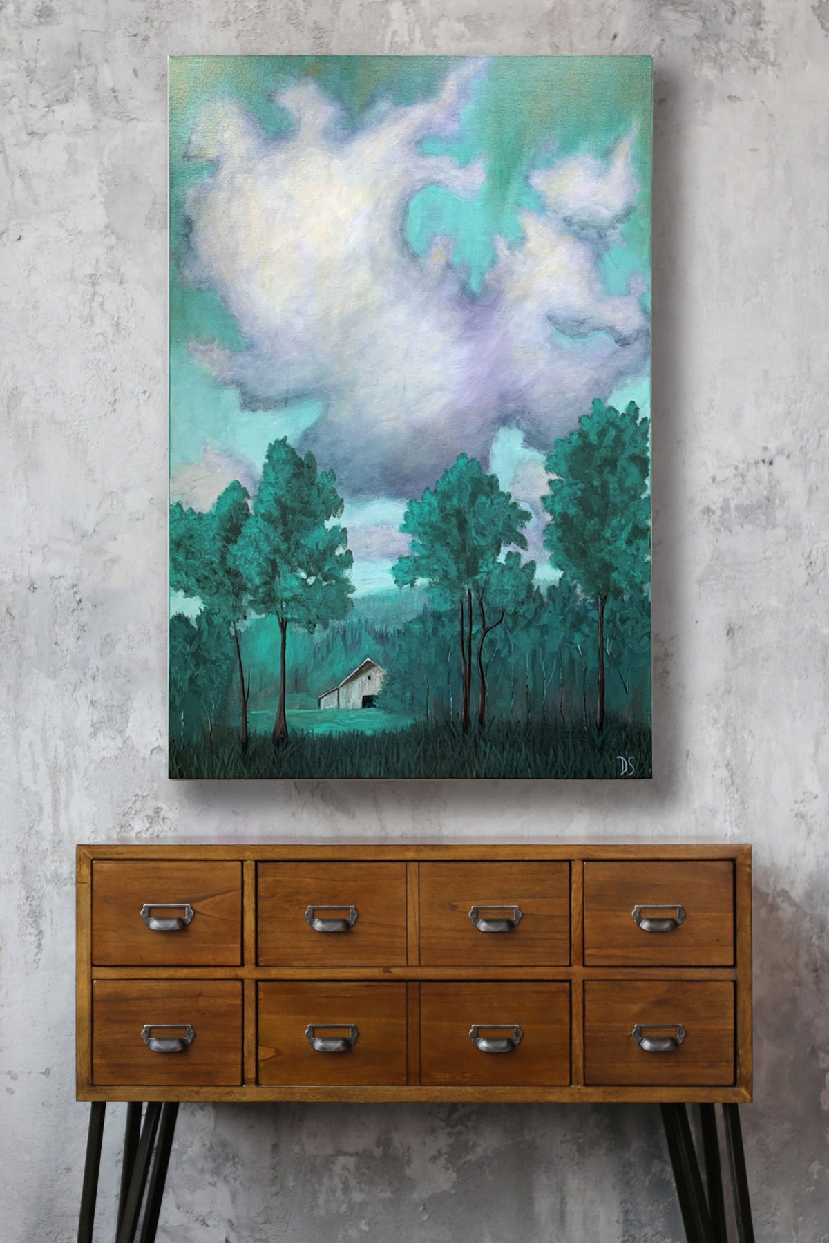 green forest cabin cloud landscape painting on wall