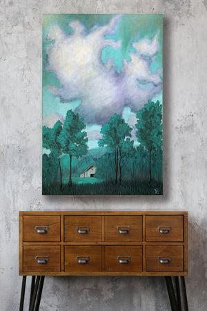 green forest cabin cloud landscape painting on wall