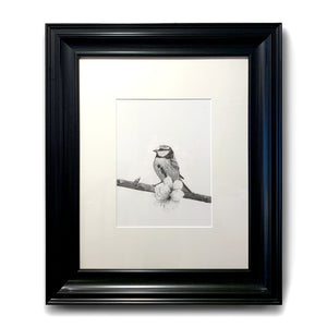songbird charcoal drawing in wide black frame