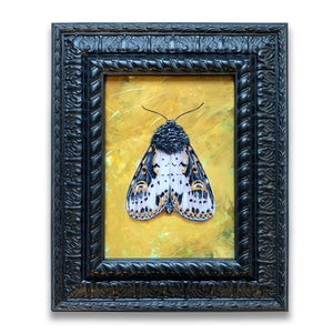 purple and yellow spanish moth painting in black frame