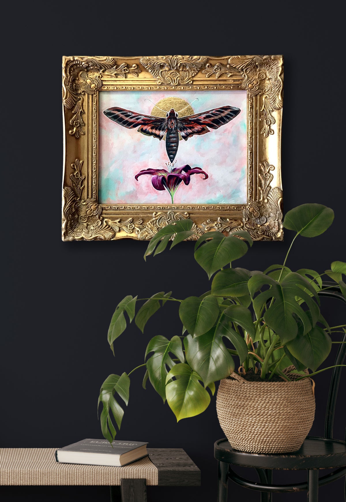 sphinx moth and lily painting in gold frame by Aimee Schreiber
