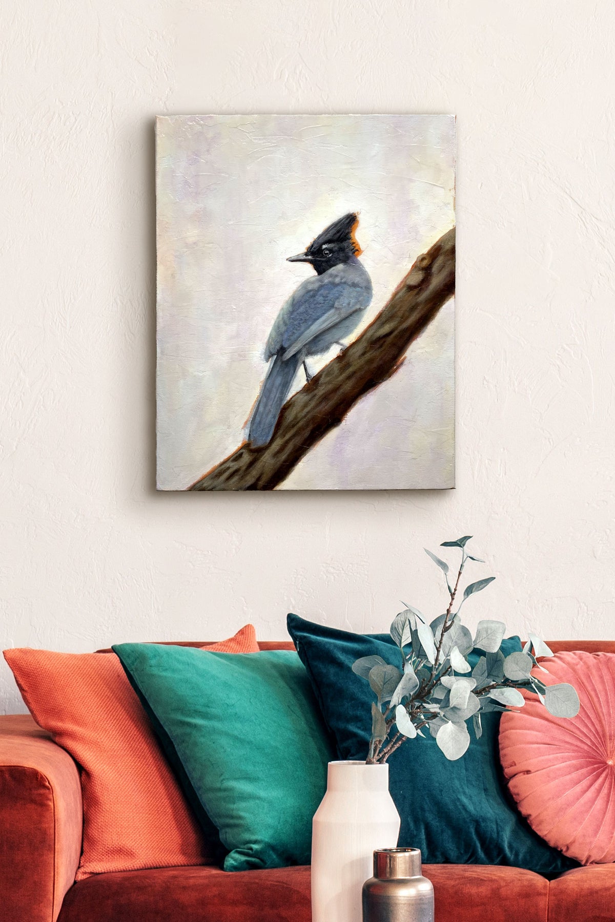 stellar&#39;s jay bird painting on canvas hanging on wall over sofa