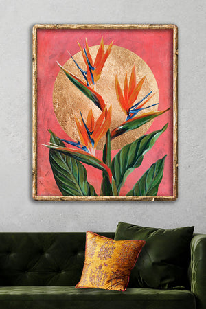 strelitzia bird of paradise flower art print framed over sofa