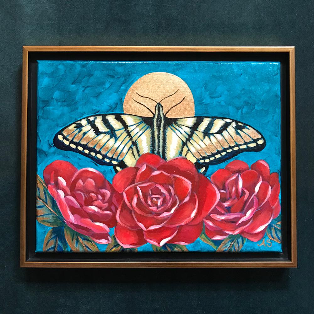 Yellow swallowtail butterfly in red camellias acrylic painting by Aimee Schreiber 