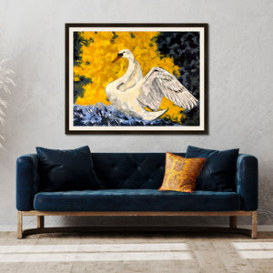 swan art print framed large art on wall over sofa