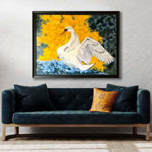Swan painting on canvas in black frame over teal sofa-veritas- danny schreiber