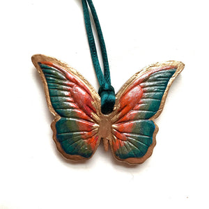 teal rust gold butterfly ornament with teal ribbon