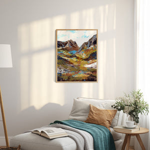 topaz mountains abstract landscape art print on living room wall