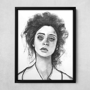 female portrait art print charcoal drawing framed