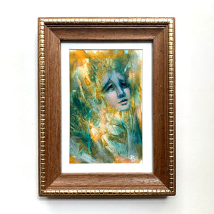 we are more than we'd guessed emotional art colorful teal and yellow acrylic painting portrait in vintage wood frame Aimee Schreiber 