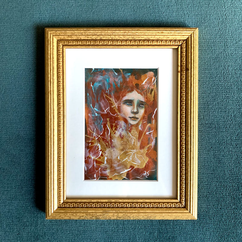 we are sunsets and steps emotional art metallic acrylic painting in gold frame on teal wall by Aimee Schreiber 