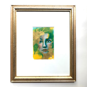 we are wonders and worlds emotional art colorful green, yellow and gold acrylic painting in vintage gold frame Aimee Schreiber