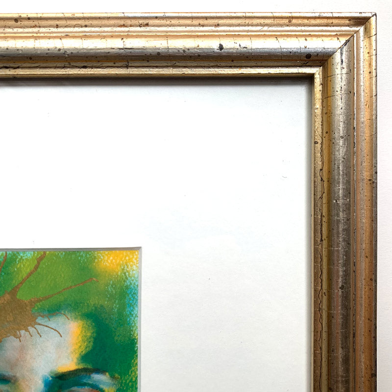 we are wonders and worlds emotional art colorful green, yellow and gold acrylic painting in vintage gold frame detail by Aimee Schreiber