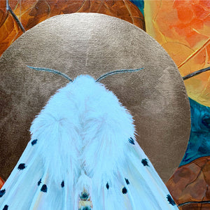 white ermine moth painting with leaves canvas moth art copper leaf detail by Aimee Schreiber