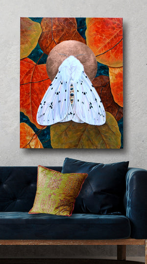 white ermine moth painting with leaves canvas moth art on wall by Aimee Schreiber