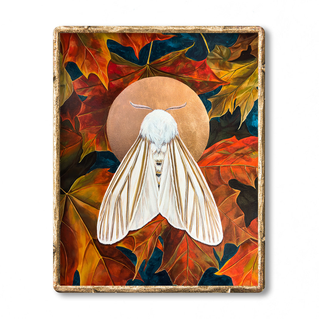 white echo moth art print red leaves framed