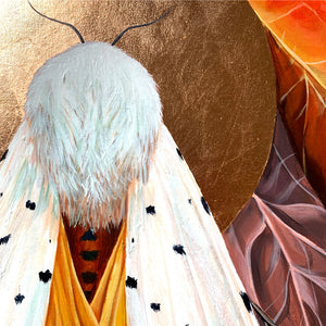 white moth painting copper leaf detail