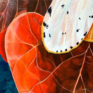 white moth painting red leaves on canvas detail