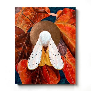white moth painting copper leaf red leaves on canvas